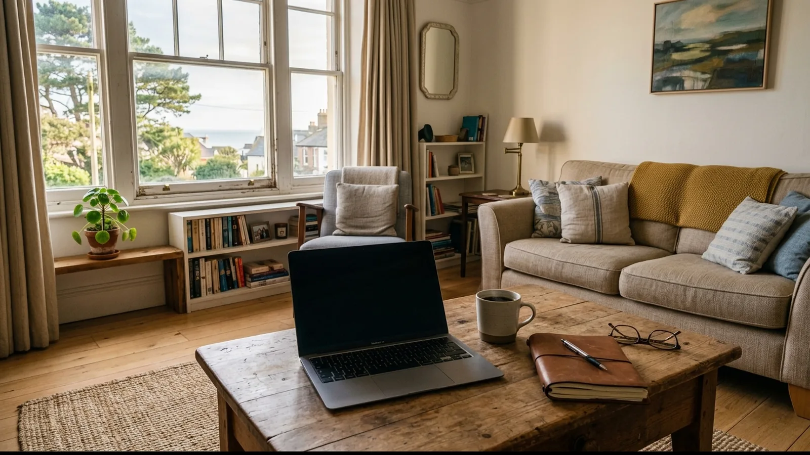 Wohnzimmer einer Ferienwohnung mit Laptop, Kaffeetasse und Notizbuch auf dem Holztisch