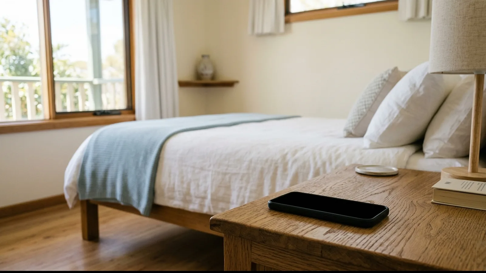 Smartphone auf einem Nachttisch in einer hellen Ferienwohnung, dahinter ein gemachtes Bett