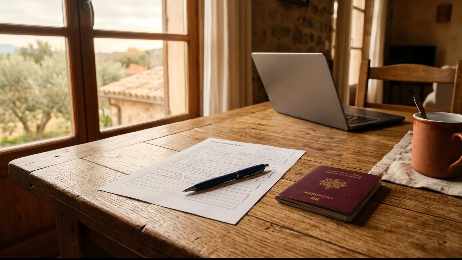Ausgefüllter Meldeschein und Personalausweis auf einem Tisch neben einem Laptop