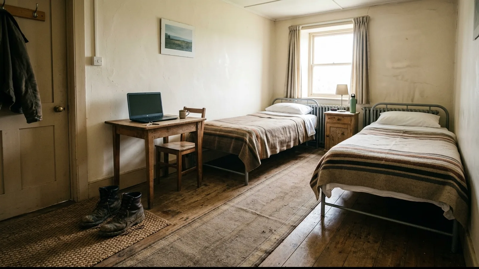 Schlichtes Monteurzimmer mit zwei Einzelbetten, Arbeitsschuhen an der Tür und einem Laptop auf dem Tisch